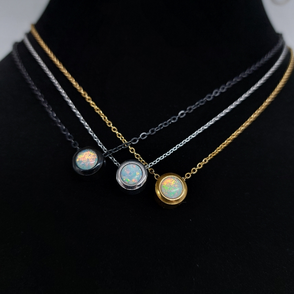 Round Bezel Set White Opal Stainless Steel Necklace